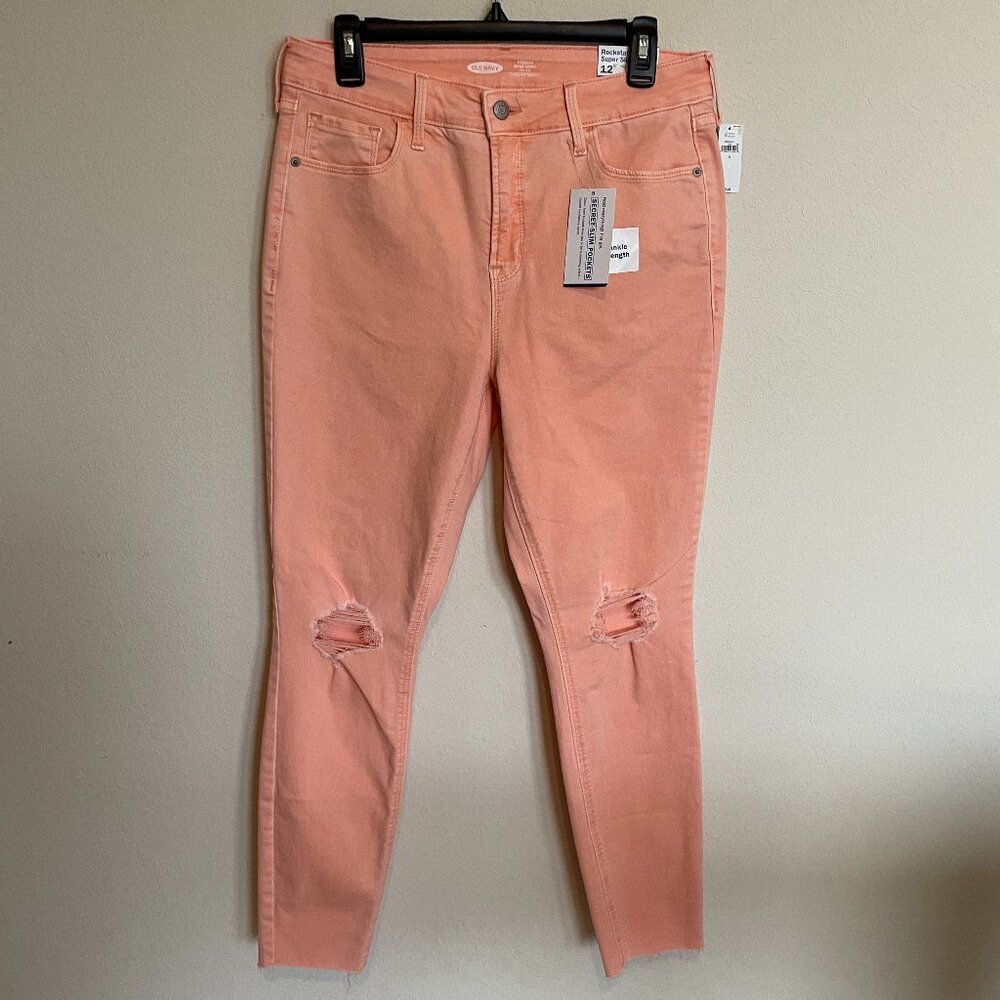Old Navy Womens Pink Rockstar Super Skinny Jeans Sz 12 Mid-Rise Distressed NWT